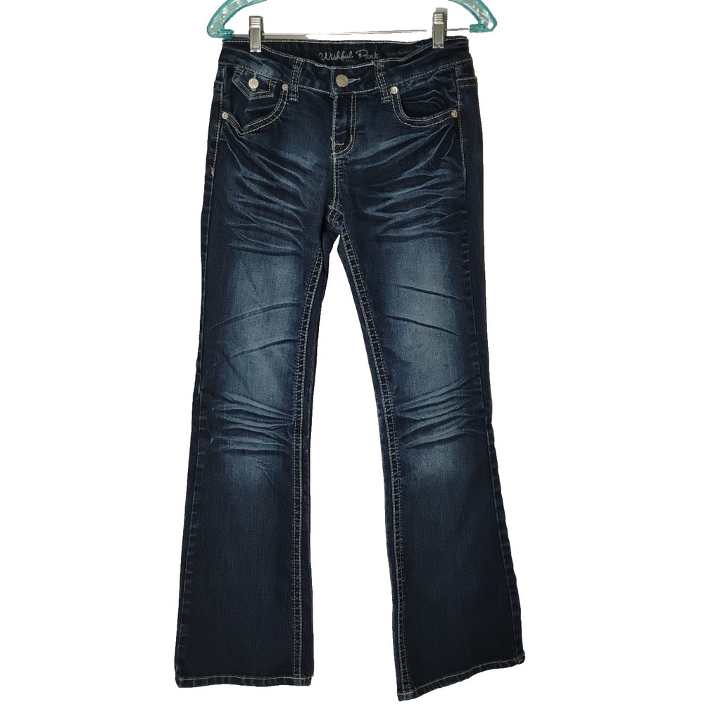Wishful Park Womens Juniors 9 (28x31) Bella Boot Cut Whiskared Blue Jeans